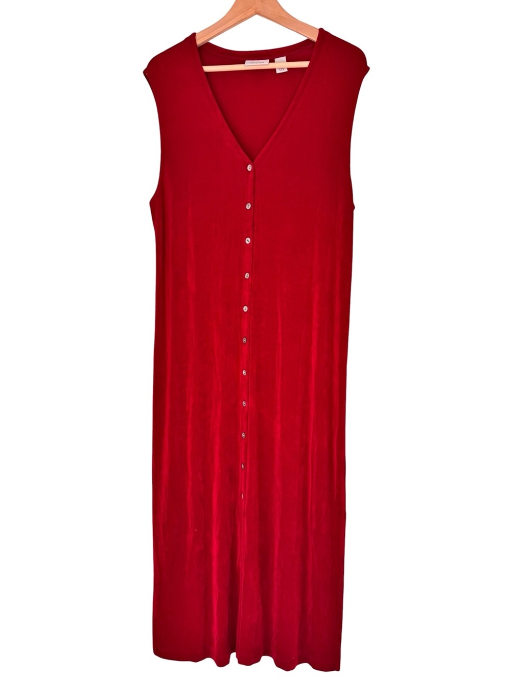 Chicos Travelers 3 XL Red Slinky Stretch Knit Sleeveless Button Up Midi Dress